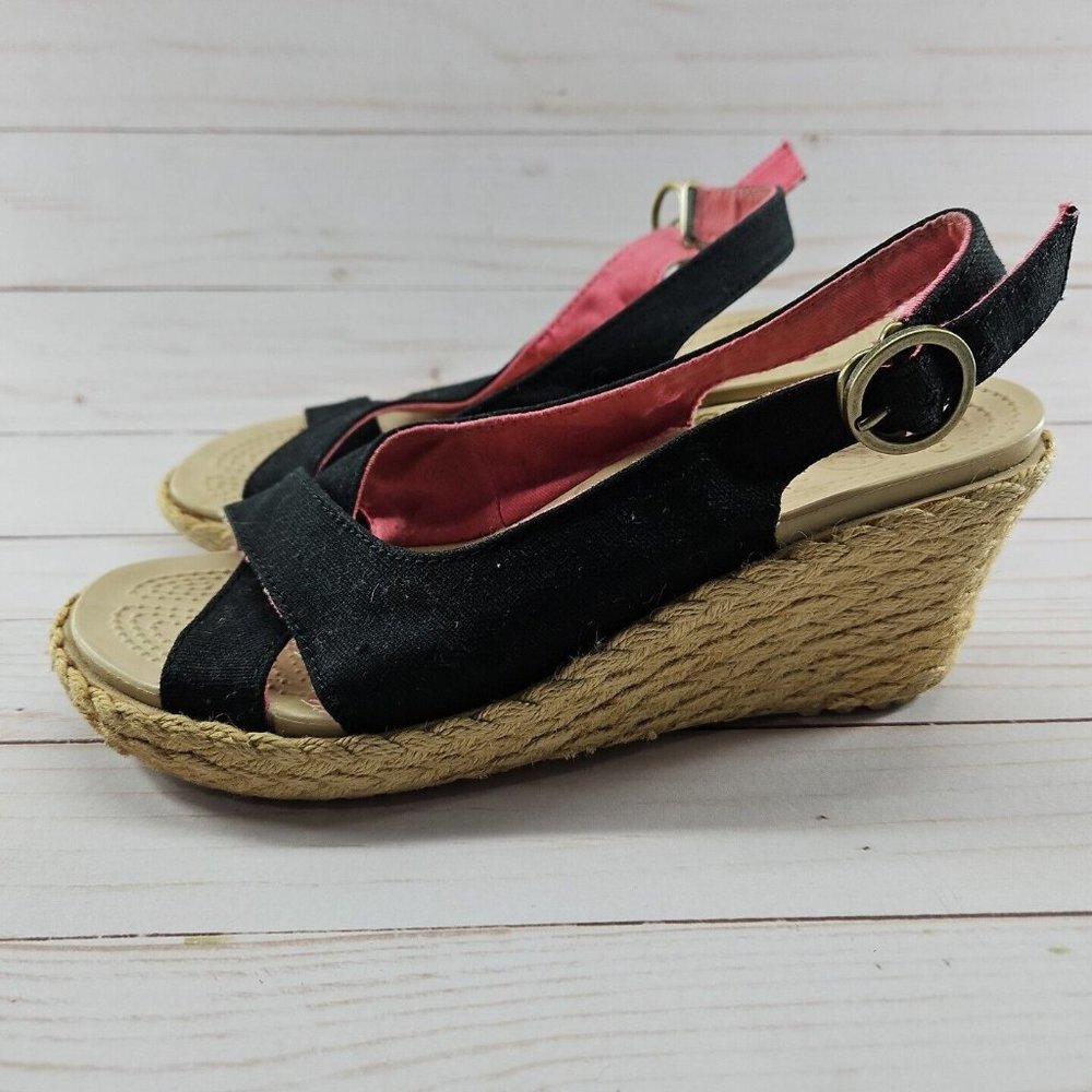 Crocs Womens Size 7‎ A-Leigh Wedge Black Pink Espadrilles Wedge Sandals
